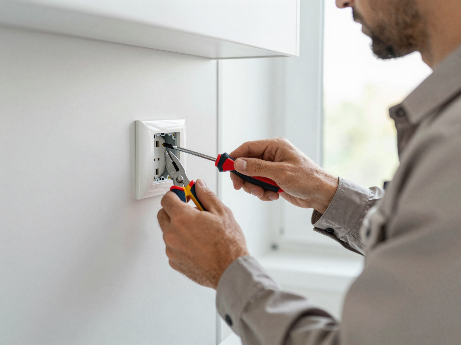 Professional electrician installing electrical outlet in modern kitchen