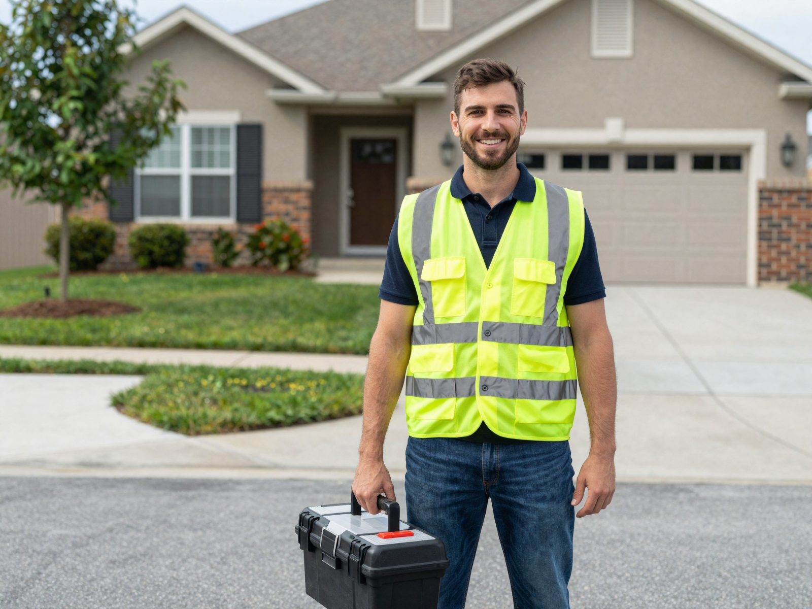 Licensed electrician with toolbox standing outside residential home